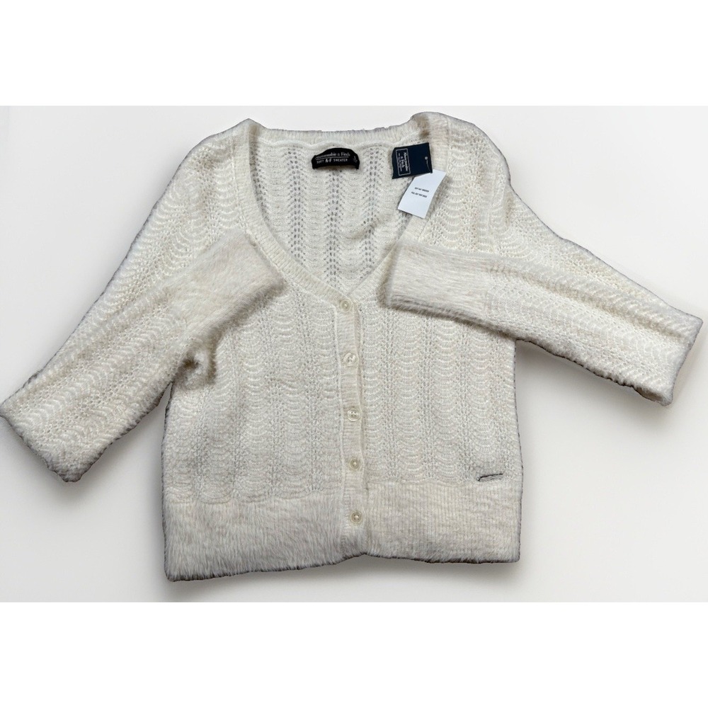 NWT Abercrombie & Fitch Soft Fuzzy Knit V-Neck Cardigan Sweater Cream Ivory S